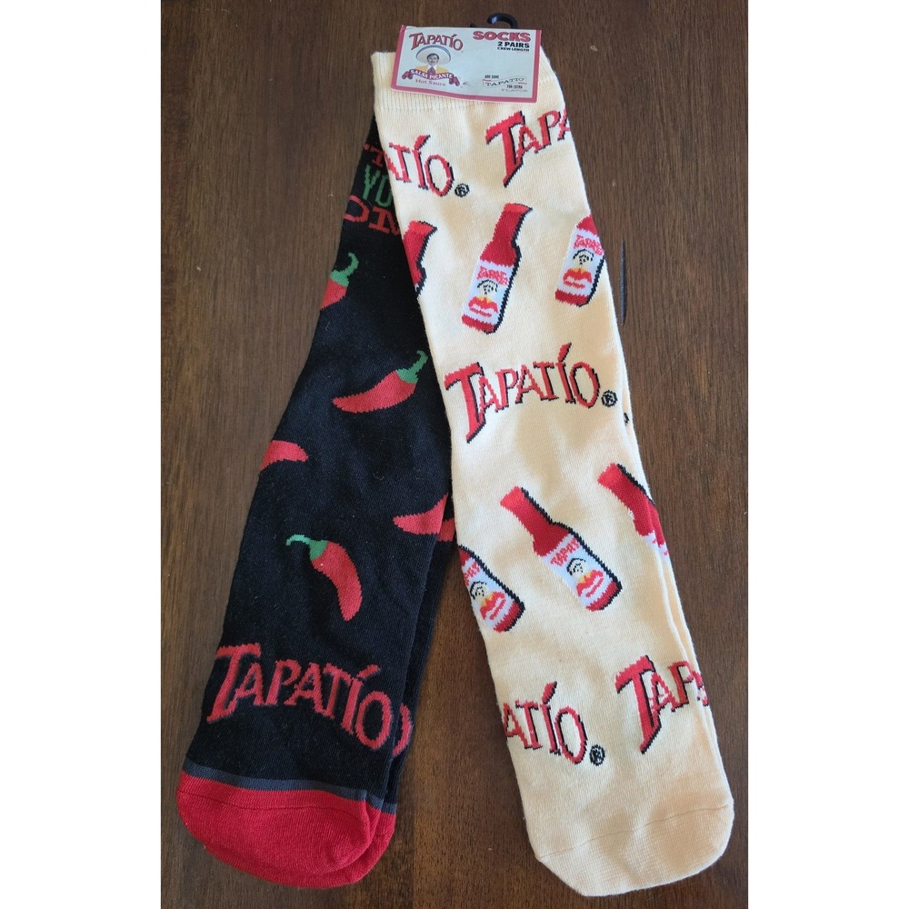 Tapatio Hot Sauce Crew Socks 2 Pair Pack Black Cream Novelty Size Medium NEW